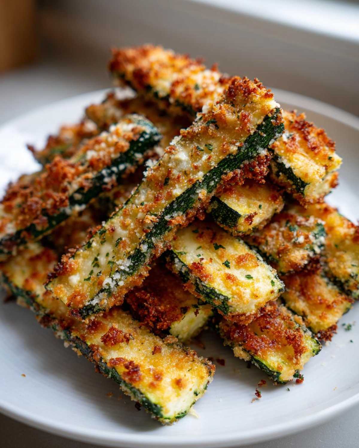 A close-up stack of golden brown Crispy Baked Parmesan Zucchini sticks on a white plate.