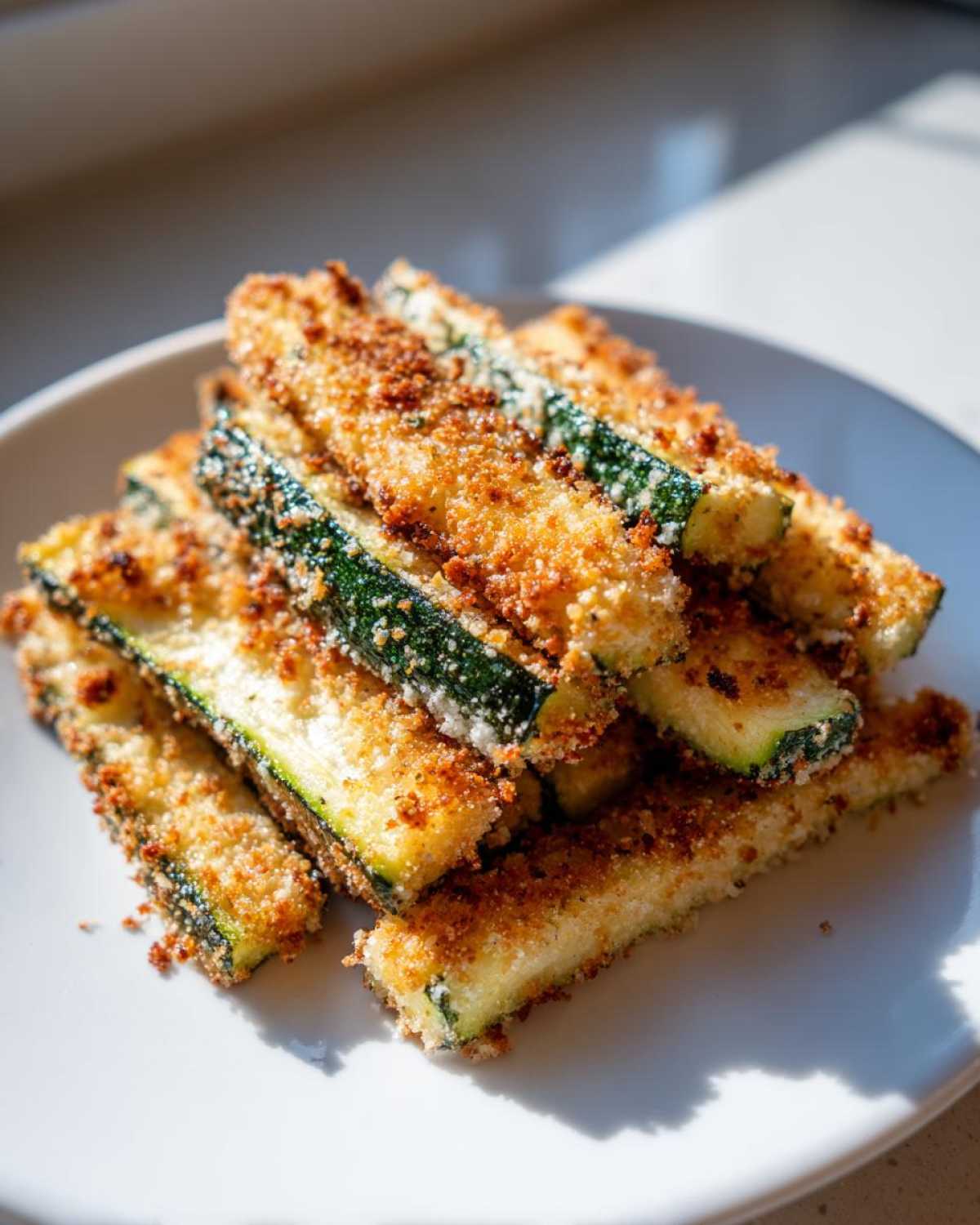 A stack of golden brown Crispy Baked Parmesan Zucchini sticks piled high on a white plate.