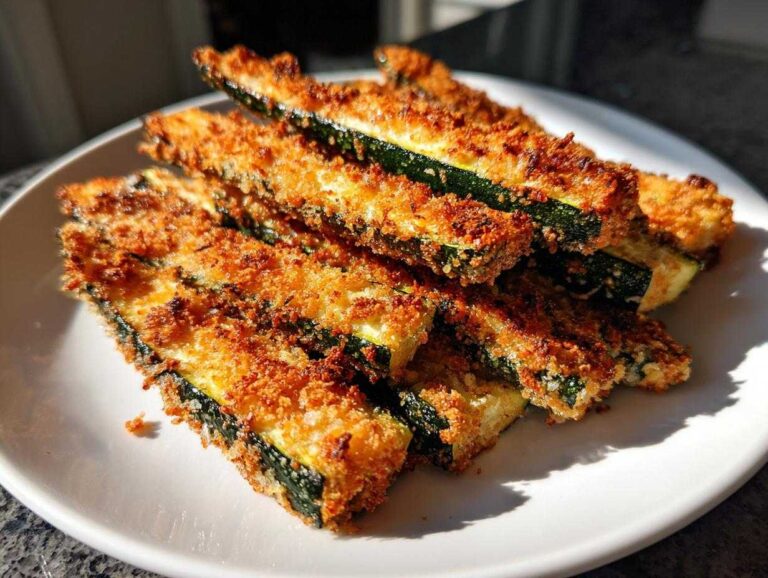 A close-up shot of golden brown Crispy Baked Parmesan Zucchini sticks piled on a white plate.