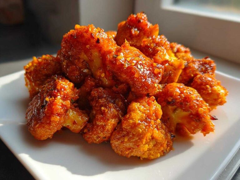 A pile of crispy, orange-glazed Bang Bang Cauliflower florets glistening on a white square plate.