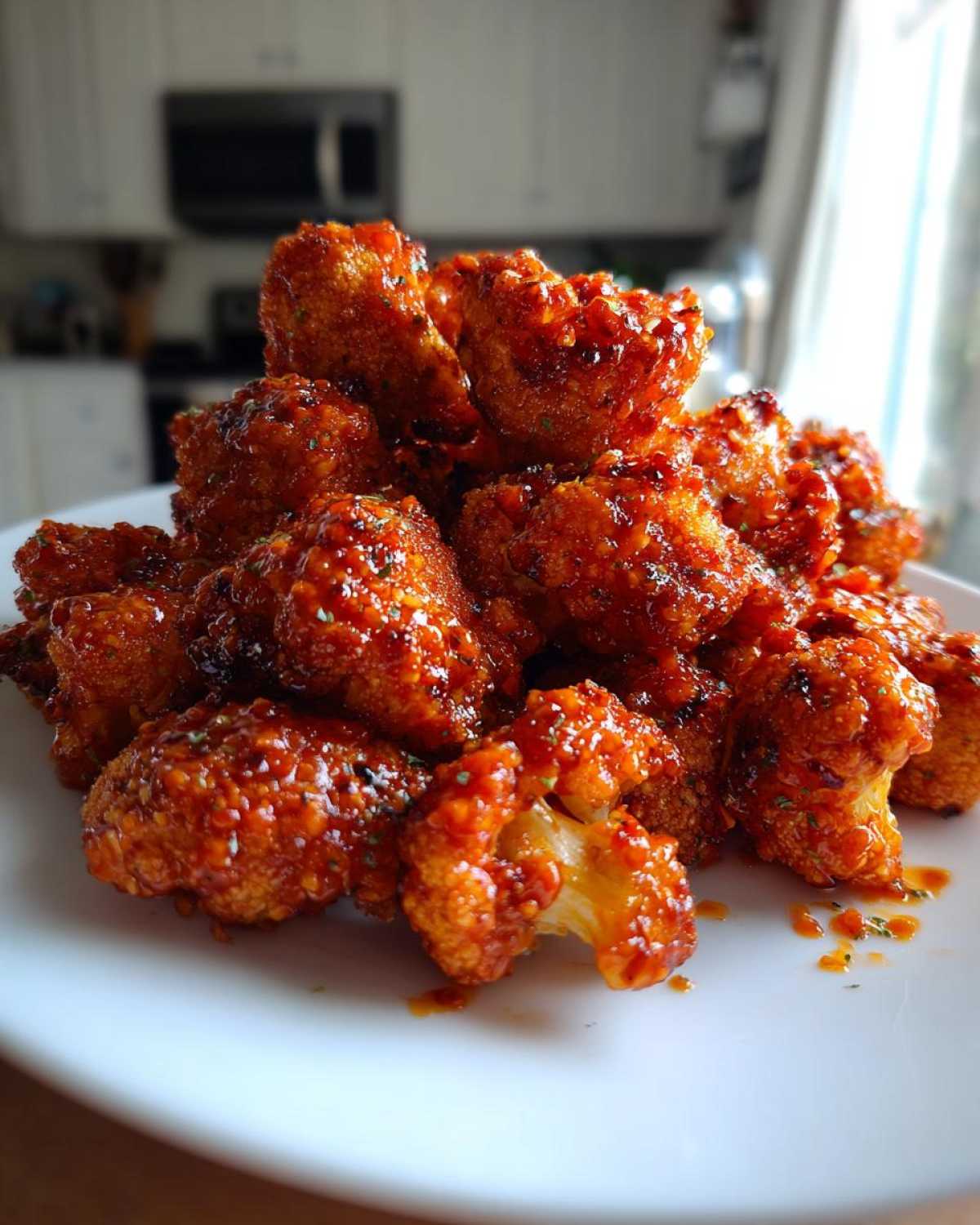 A mound of crispy, saucy Bang Bang Cauliflower florets piled high on a white plate, glistening with sweet and spicy glaze.