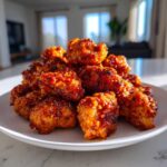 A pile of crispy, glazed Bang Bang Cauliflower pieces coated in a spicy, reddish-orange sauce, served on a white plate.