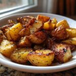 Close-up of golden brown, crispy Greek Lemon Potatoes roasted in a white bowl.
