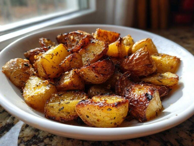 Close-up of golden brown, crispy Greek Lemon Potatoes roasted in a white bowl.