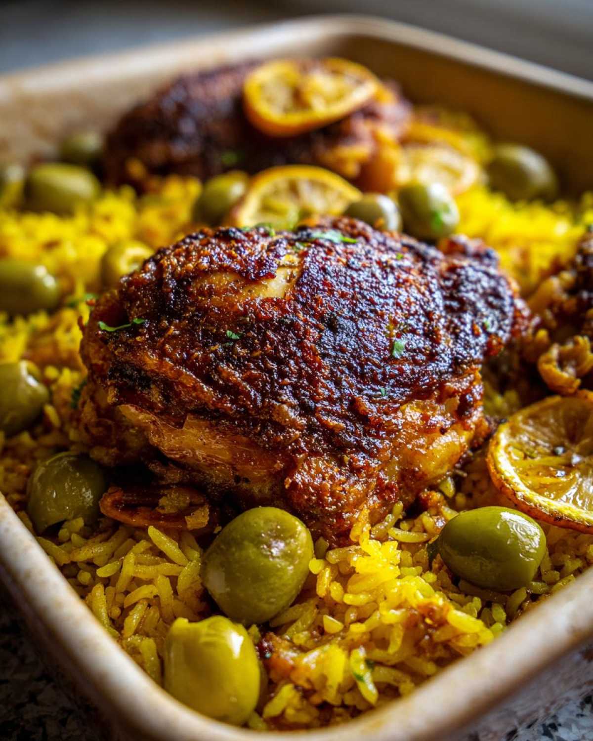 Close-up of a crispy skin chicken thigh resting on yellow rice with green olives and lemon slices in a baking dish for the Crispy One Pan Portuguese Chicken and Rice Bake.
