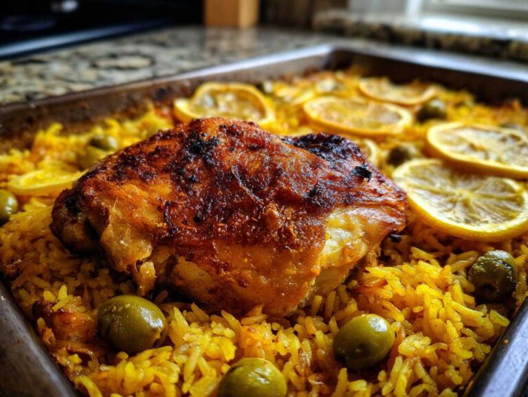 Close-up of a perfectly cooked, crispy-skinned chicken thigh atop yellow rice with olives and lemon slices in a baking pan, showcasing the Crispy One Pan Portuguese Chicken and Rice Bake.
