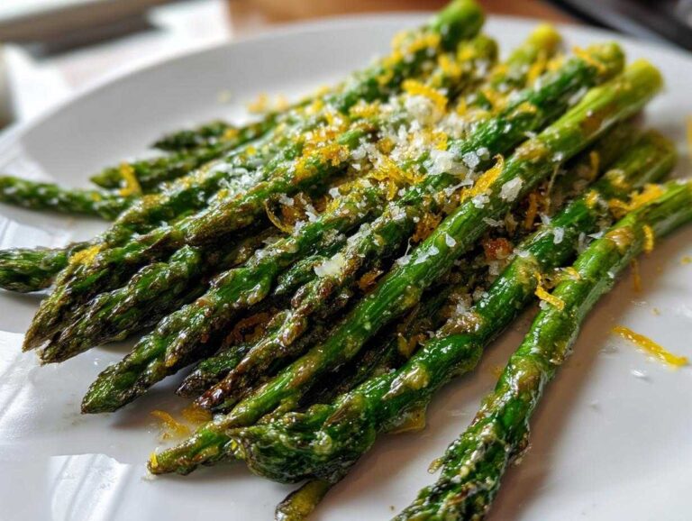 Close-up of perfectly Crispy Roasted Asparagus A Side Dish for Christmas, topped with lemon zest and grated cheese.