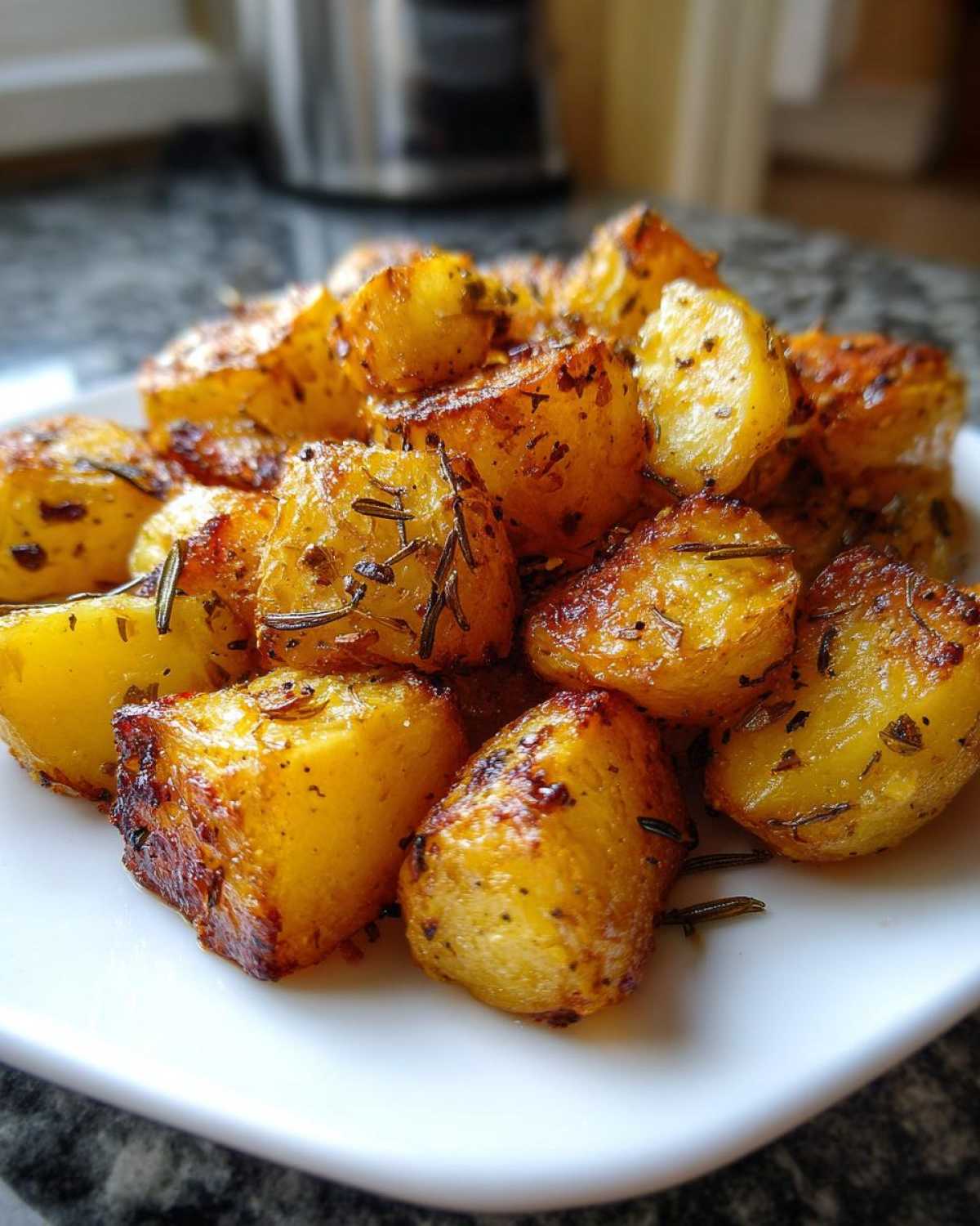 Close-up of crispy, golden roasted potatoes seasoned with rosemary, perfect as an amazing side dish for less than 10 bucks.