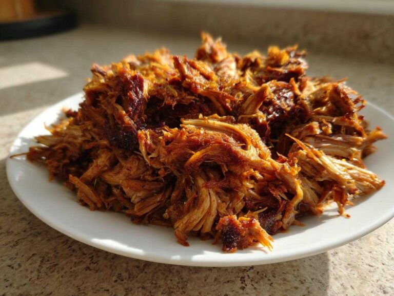 A generous mound of golden brown, shredded, crispy slow cooker carnitas piled high on a white plate.