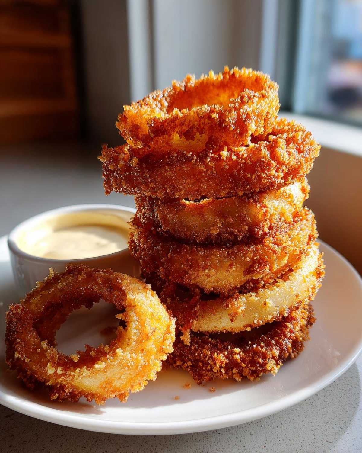 A tall stack of perfectly golden, crispy Tennessee Onions rings served on a white plate next to a small bowl of dipping sauce.
