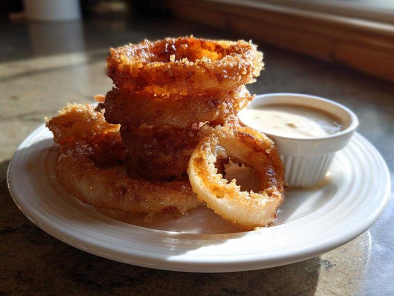 A stack of golden brown, crispy Tennessee Onions Rings served on a white plate next to a small cup of dipping sauce.