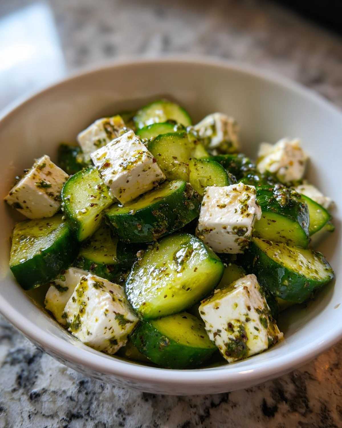 Close-up of Cucumber Feta Salad with Lemon Greek Vinaigrette, featuring chunks of cucumber and feta cheese coated in herbs.