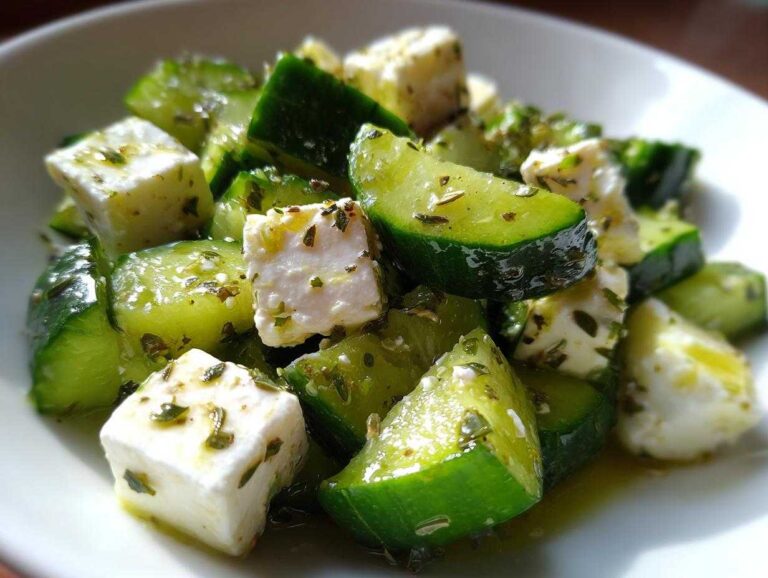 Close-up of a vibrant Cucumber Feta Salad with chunks of cucumber and feta cheese tossed in a light dressing.