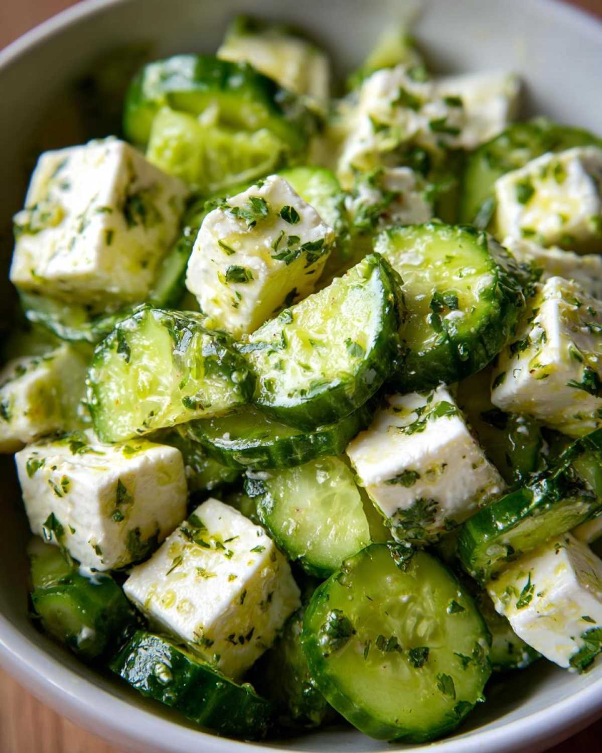 Close-up of fresh Cucumber Feta Salad with chunks of feta cheese and sliced cucumbers coated in a lemon Greek vinaigrette.