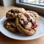 A stack of four Easy Classic Strawberry Chocolate Chip cookies on a white plate near a window.