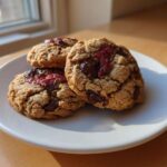 Three Easy Classic Strawberry Chocolate Chip cookies stacked on a white plate near a window.
