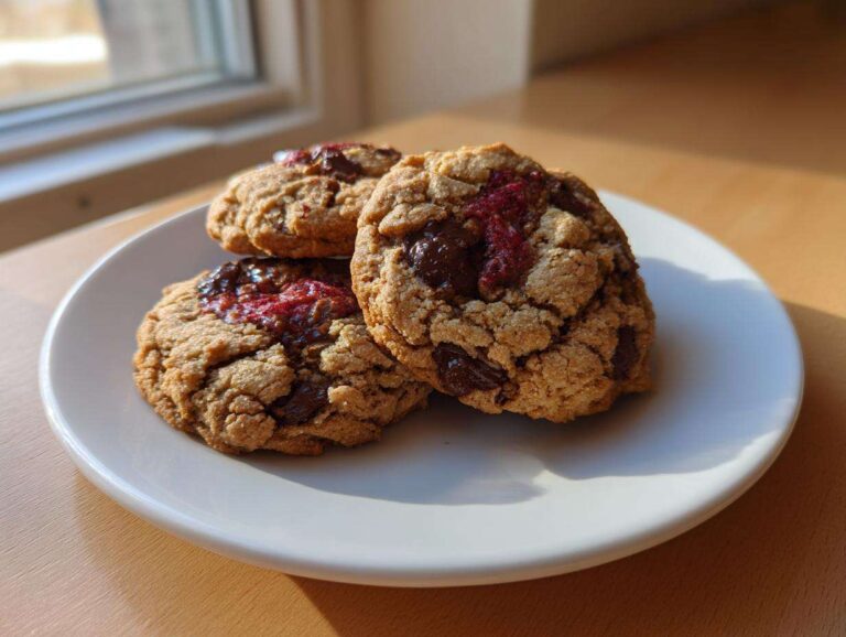 Three Easy Classic Strawberry Chocolate Chip cookies stacked on a white plate near a window.