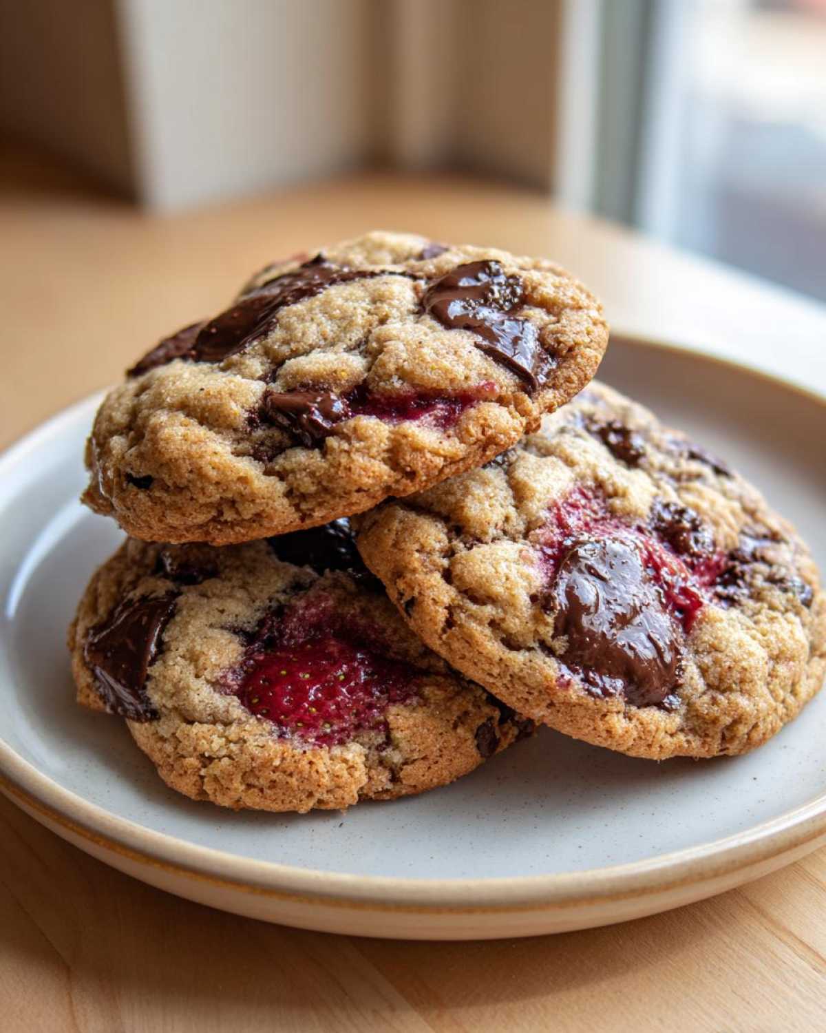 A stack of three freshly baked Easy Classic Strawberry Chocolate Chip cookies on a light plate.