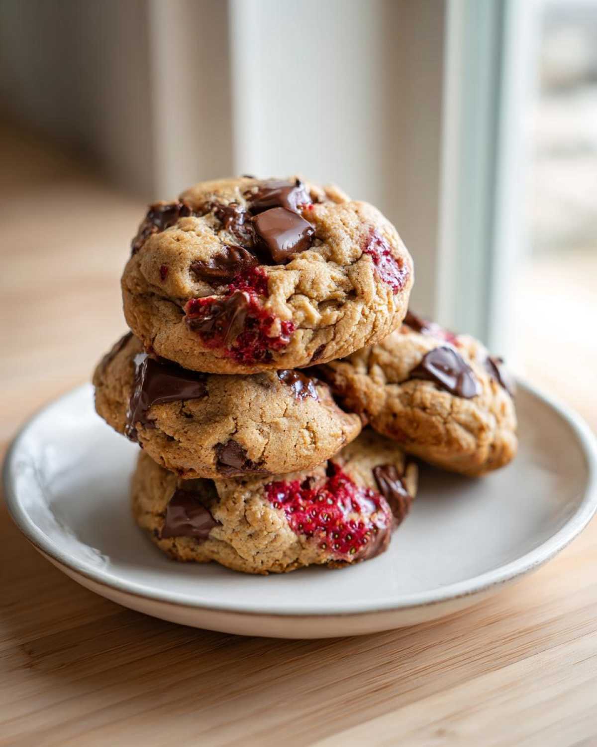 A stack of four Easy Classic Strawberry Chocolate Chip cookies with melted chocolate chunks on a small white plate.