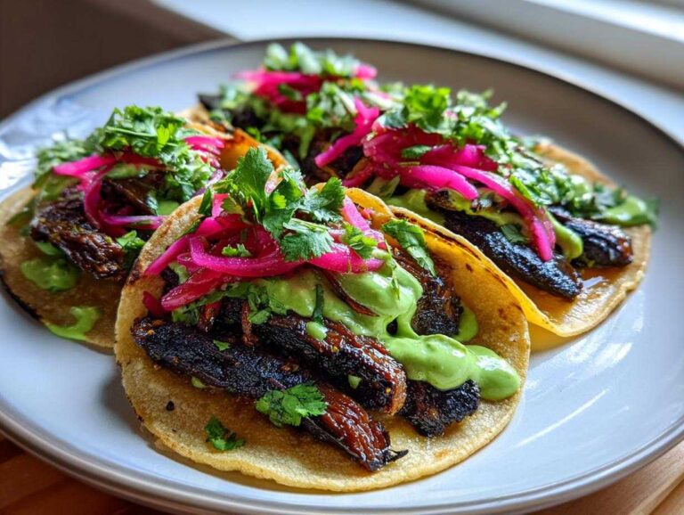 5 Flavorful Mushroom Tacos Secrets Revealed Three close-up Mushroom Tacos filled with dark, savory mushrooms, drizzled with green sauce, and topped with bright pink pickled onions and cilantro.