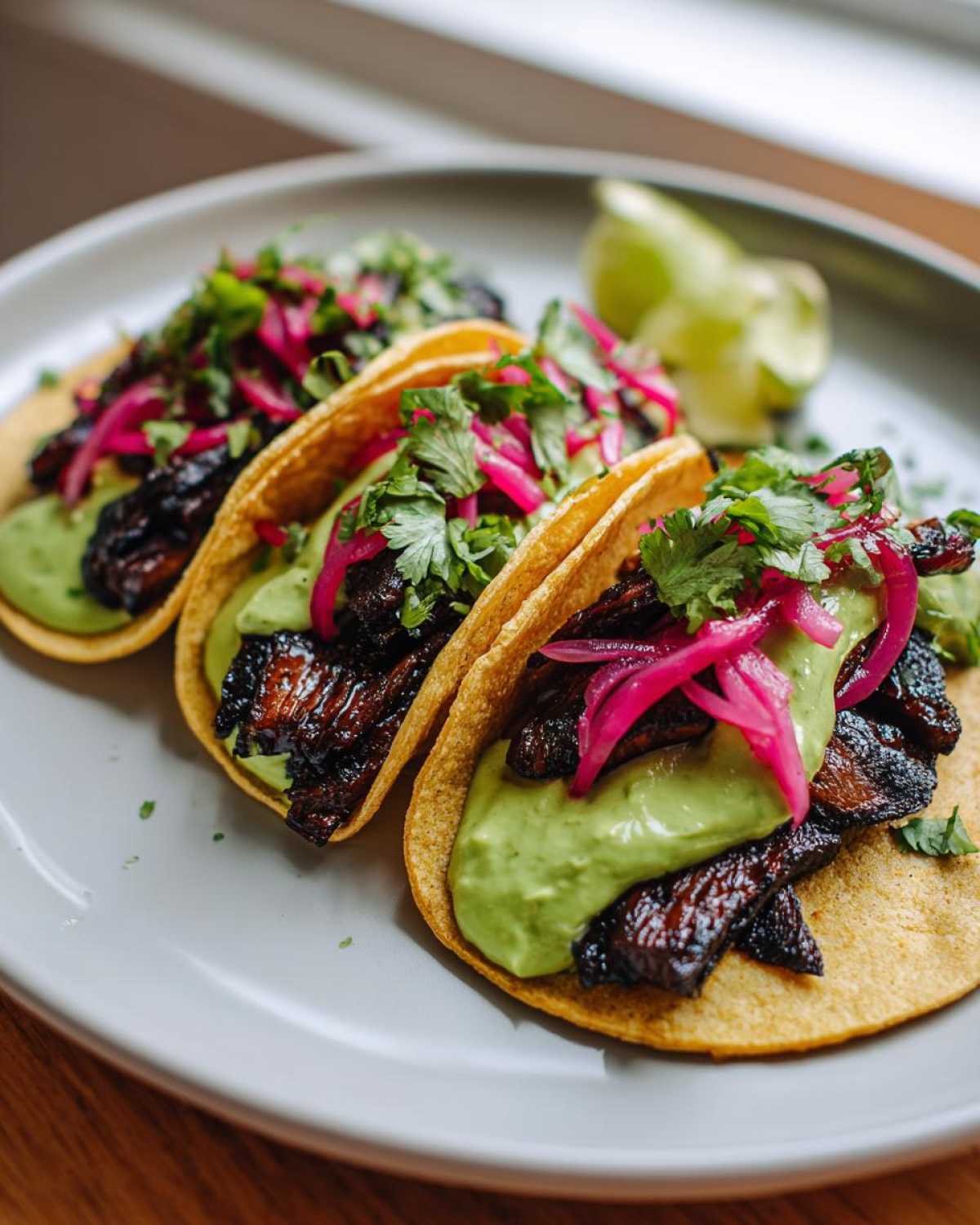 Three flavorful Mushroom Tacos served on corn tortillas with bright green avocado cream, pickled red onions, and cilantro.