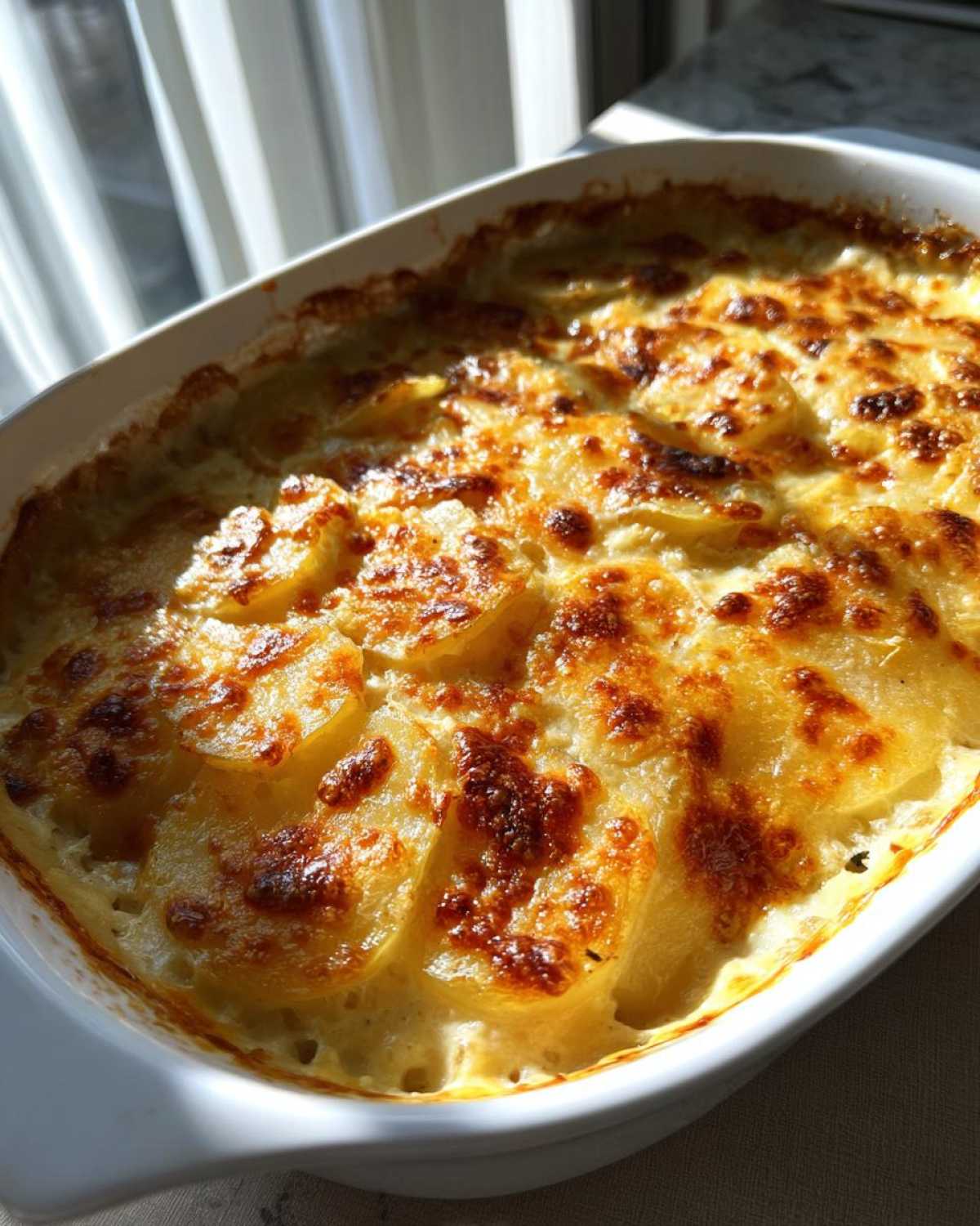 Close-up of golden brown, bubbly French Onion Potatoes baked in a white casserole dish.