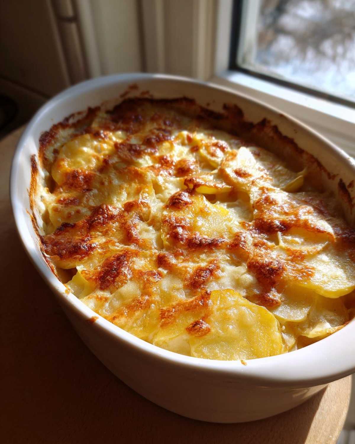 Close-up of baked French Onion Potatoes with a golden, bubbly cheese topping in a white oval dish.