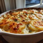 Close-up of baked French Onion Potatoes with a golden, bubbly cheese crust and fresh thyme.