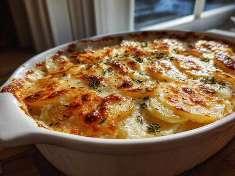 Close-up of baked French Onion Potatoes with a golden, bubbly cheese crust and fresh thyme.