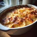 Close-up of golden-brown baked French Onion Potatoes using French Onion Soup, bubbling in a white oval dish.