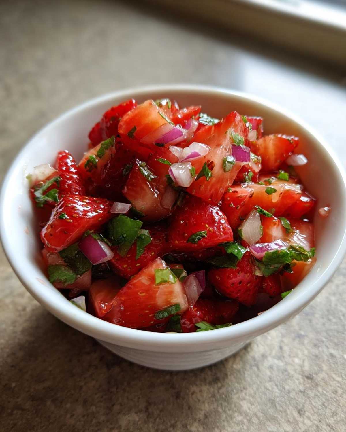 Close-up of fresh Strawberry Salsa featuring chopped strawberries, red onion, and cilantro in a small white bowl.