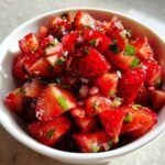 Close-up of vibrant, juicy chunks of fresh Strawberry Salsa mixed with red onion and herbs in a white bowl.