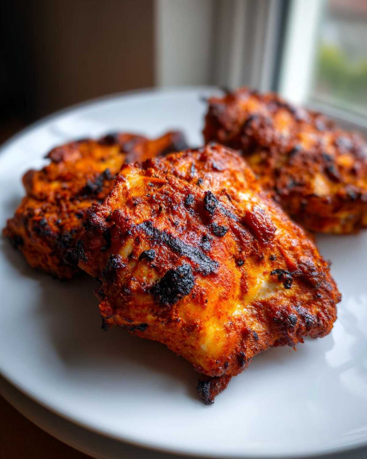 Close-up of three richly spiced Garam Masala Chicken Thighs with charred edges served on a white plate.