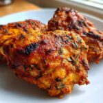 Close-up of three perfectly cooked Garam Masala Chicken Thighs, richly spiced and slightly charred, resting on a white plate.