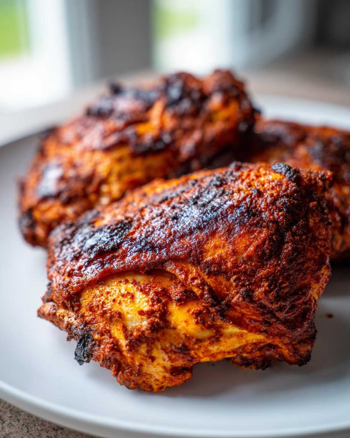 Close-up of juicy, richly spiced Garam Masala Chicken Thighs with a dark, crispy exterior.