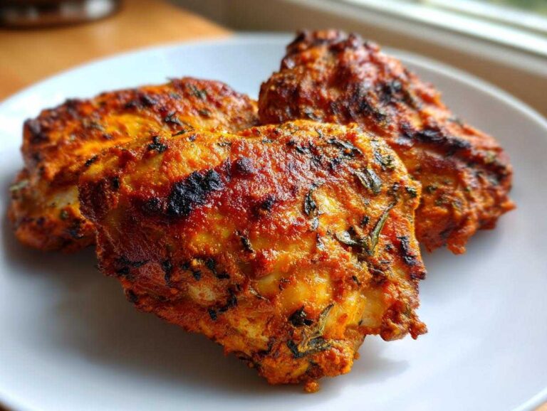 Close-up of three perfectly cooked Garam Masala Chicken Thighs, richly spiced and slightly charred, resting on a white plate.