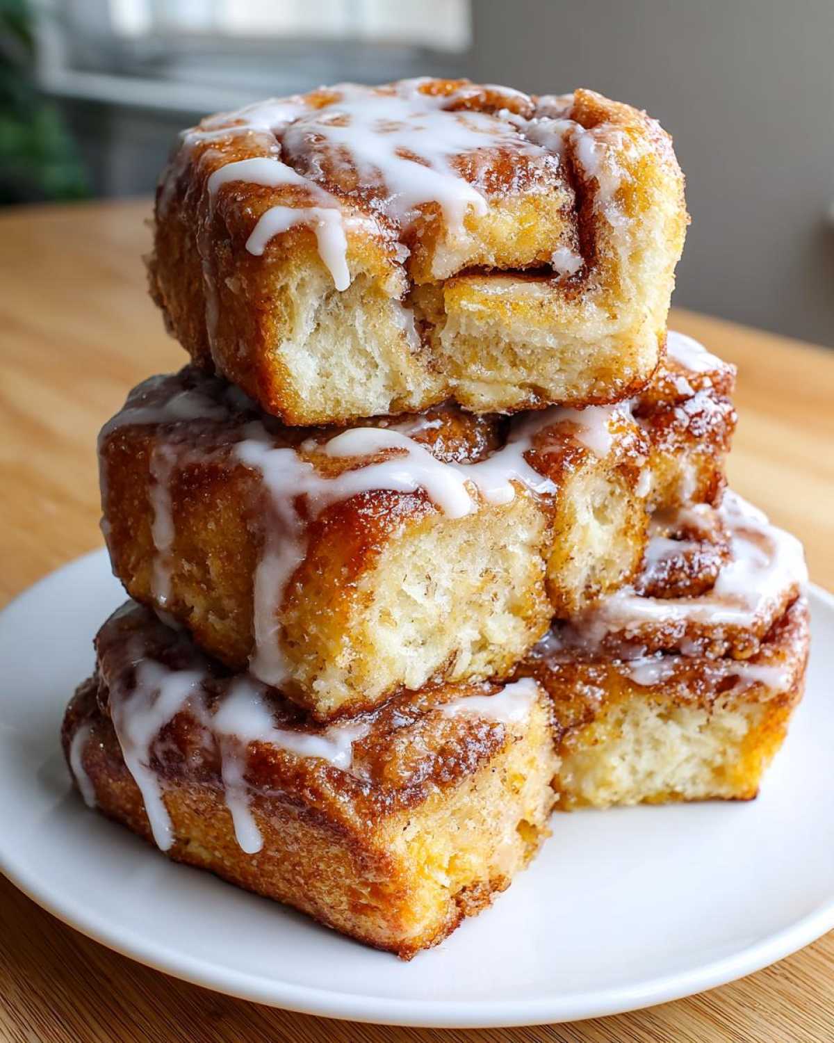 A tempting stack of four fluffy, glazed Breakfast Rolls piled high on a white plate.
