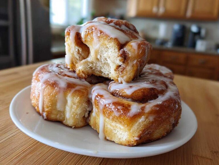 A stack of three gooey, iced Breakfast Rolls with one piece broken open to show the soft interior.
