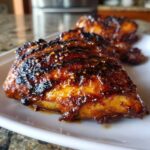 Close-up of a juicy piece of Huli Huli Chicken with a dark, caramelized glaze and visible spices.