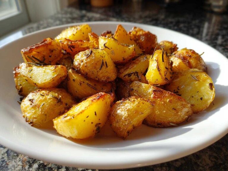 A plate of golden roasted potatoes seasoned with herbs, a perfect side dish for less than 10 bucks.