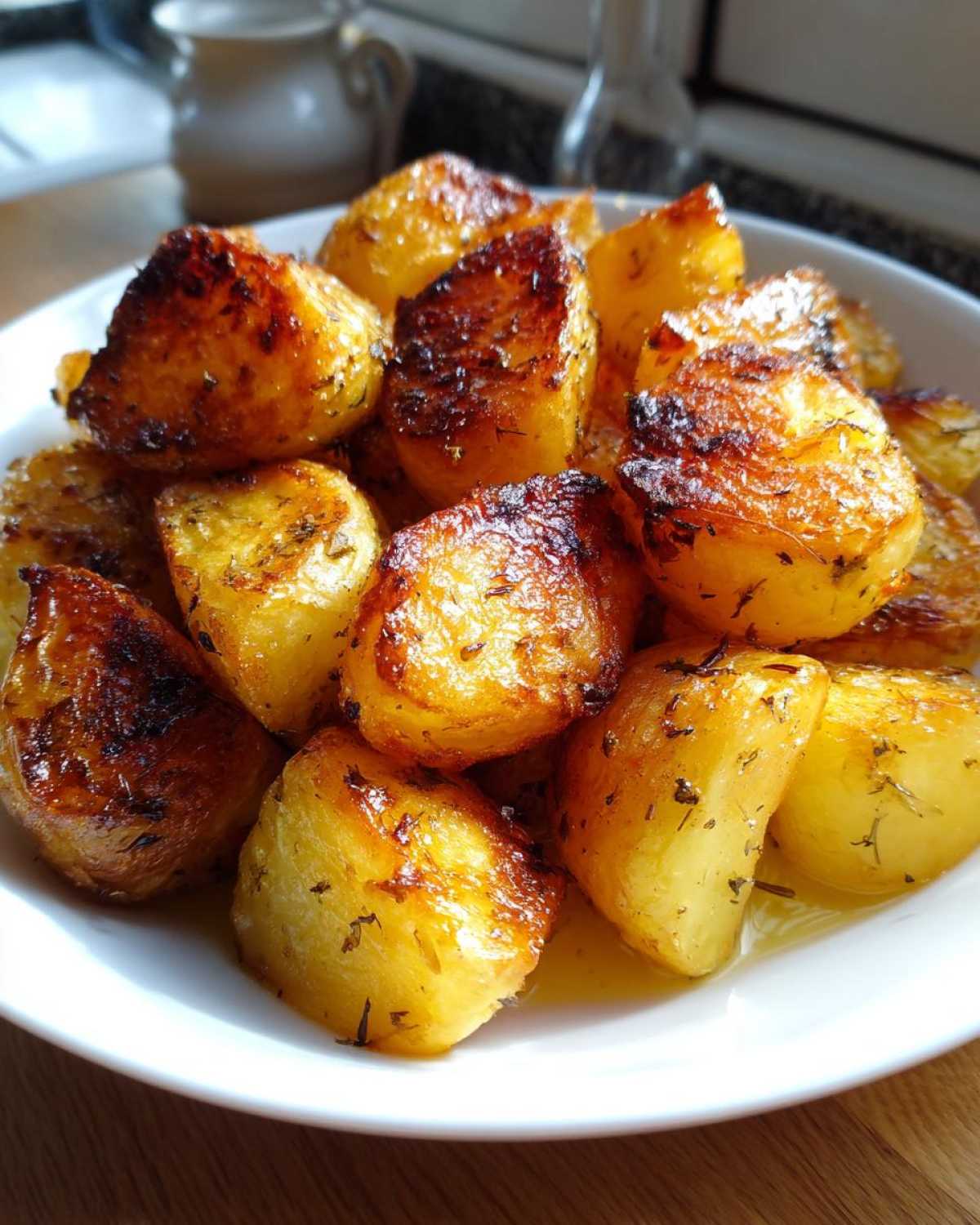 A close-up of a white bowl filled with golden, crispy roasted Greek Lemon Potatoes seasoned with herbs.
