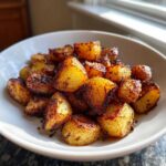 A close-up of perfectly roasted, crispy Greek Lemon Potatoes in a white serving bowl.