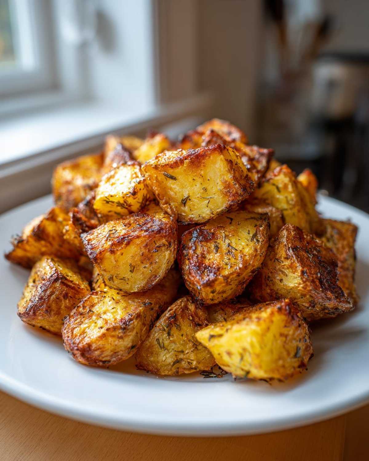 A close-up of a pile of golden, crispy Greek Lemon Potatoes seasoned with herbs.