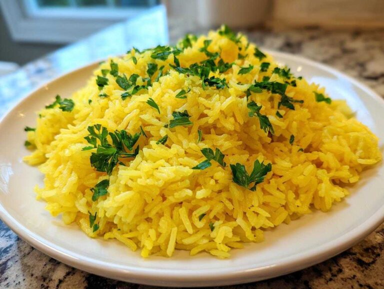 A mound of bright yellow Greek Lemon Rice topped with fresh chopped parsley on a white plate.