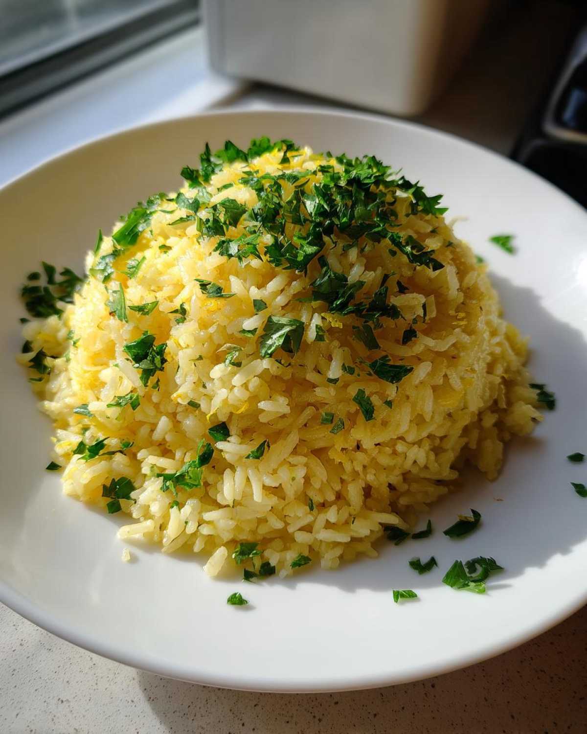 A mound of bright yellow Greek Lemon Rice topped generously with fresh chopped parsley on a white plate.
