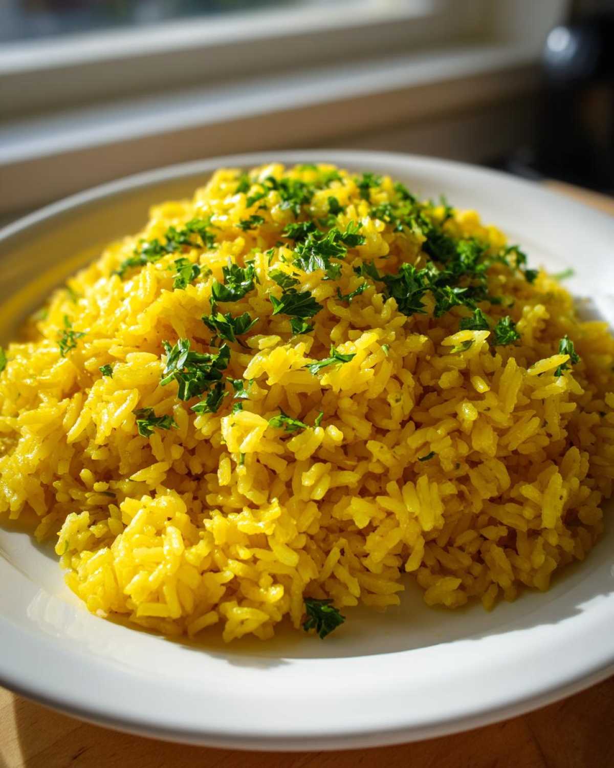 A mound of vibrant yellow Greek Lemon Rice topped with fresh chopped parsley, served on a white plate.