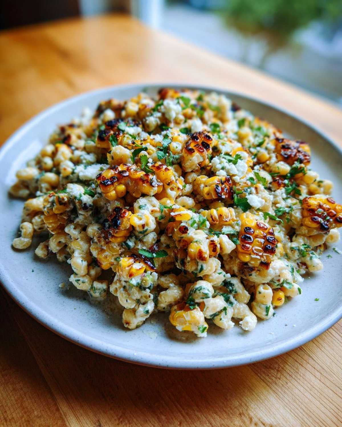 A close-up of creamy Grilled Corn Elote Pasta Salad featuring charred corn kernels, elbow macaroni, and cotija cheese on a light plate.