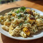 A serving of creamy Grilled Corn Elote Pasta Salad featuring fusilli pasta, charred corn pieces, and cotija cheese.