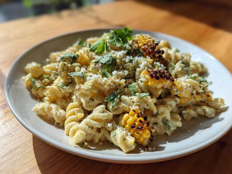 A serving of creamy Grilled Corn Elote Pasta Salad featuring fusilli pasta, charred corn pieces, and cotija cheese.