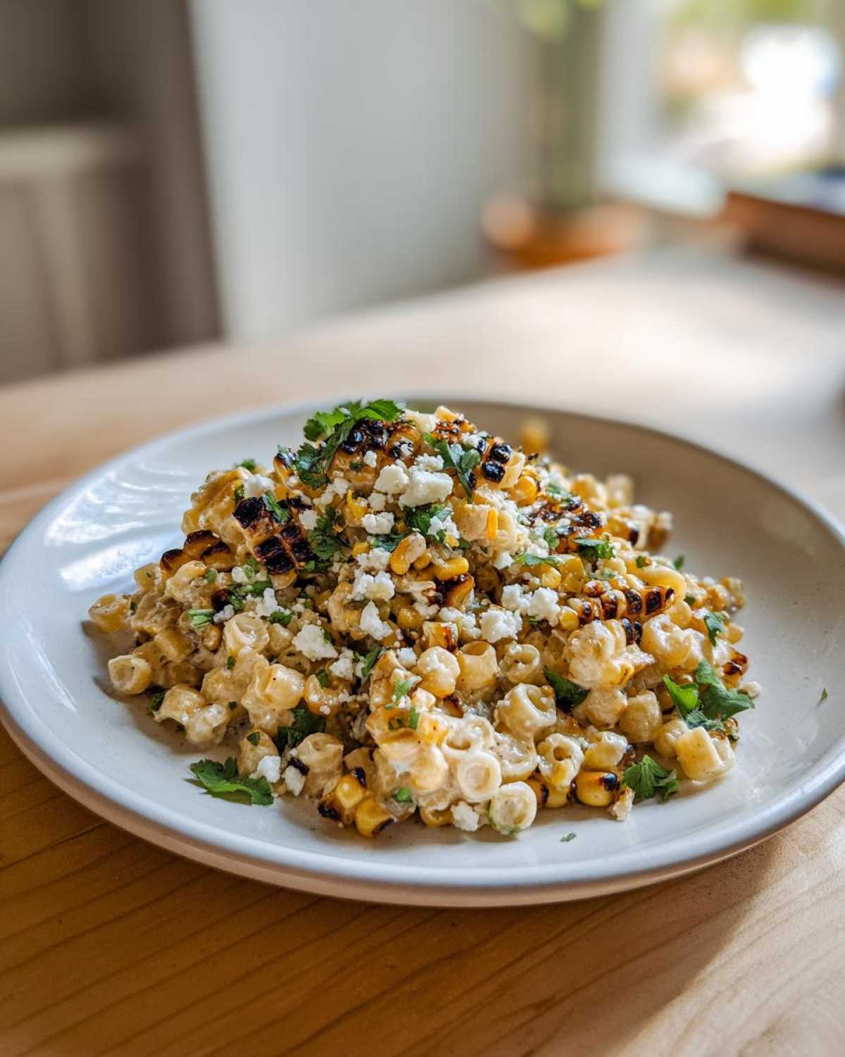 A serving of creamy Grilled Corn Elote Pasta Salad topped with cotija cheese and cilantro on a light plate.